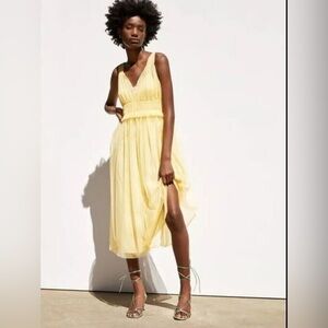 Zara Tulle Peplum Halter V-Neck Yellow Yellow Midi Dress Women’s Size Large